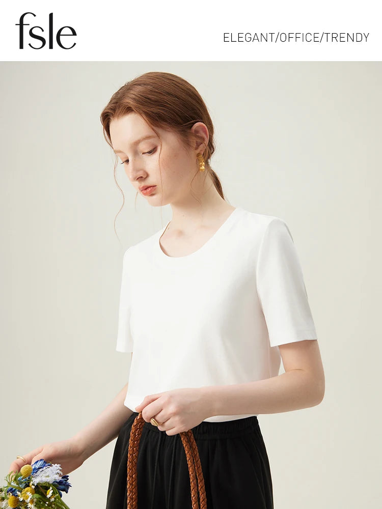 FSLE White Slim All-match Short-sleeve T-shirt for Women Spring Summer Basic Round Neck Bottoming Top Female 24FS11210+24FS11209