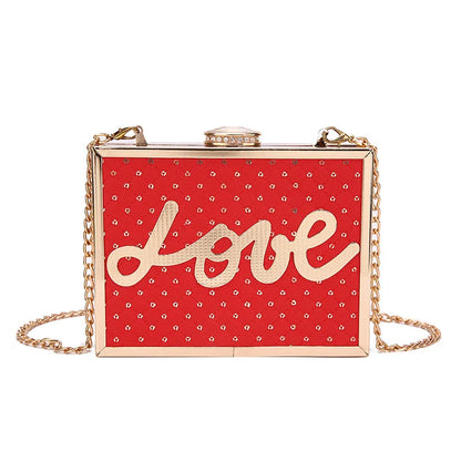 Fashion Handbag Sequine Love Letter Decoration Box Shape Shoulder Bag Female Square Metal Frame Evening Diamond Lock Chain Bags