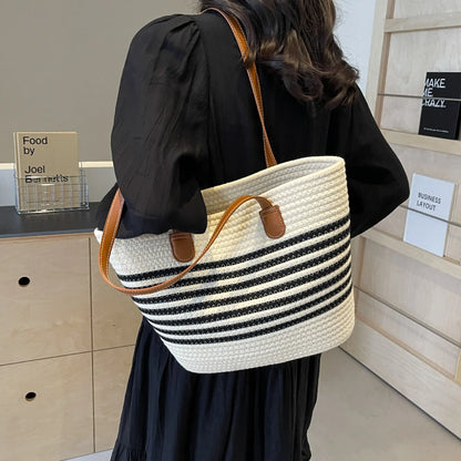 Casual Large Capacity Striped Bucket Bag Weave Women Shoulder Bags Simple Summer Beach Bag Big Shopper Purses Vacation Travel