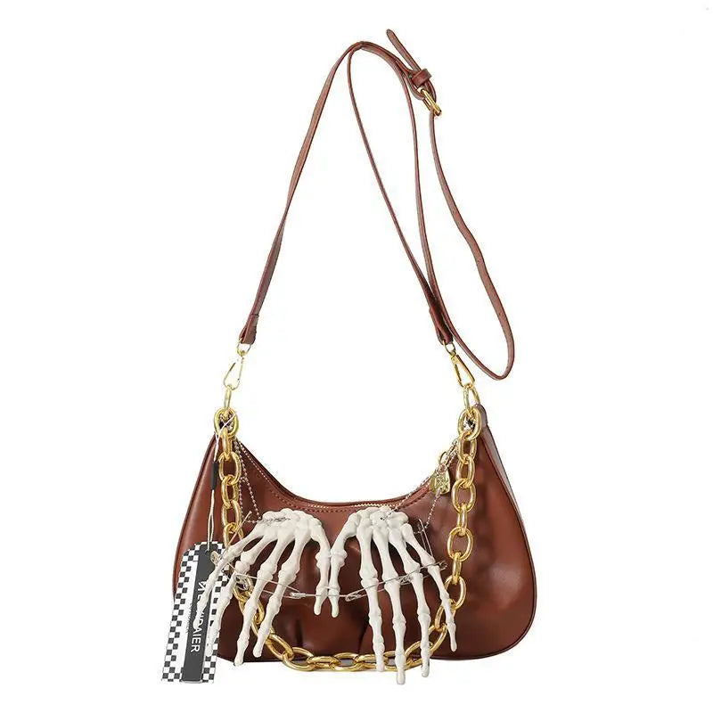 Bolso bandolera estilo punk con cadena para chica cool 3d Mano Scheletrica, bolso bandolera estilo Y2k vintage para mujer 2024