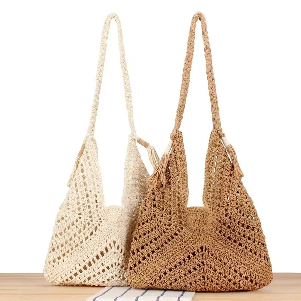 Casual Hollow Tassel Straw Tote Bag Bohemian Women Shoulder Bag Handmade Woven Summer Beach Bag Big Bali Purses 2024