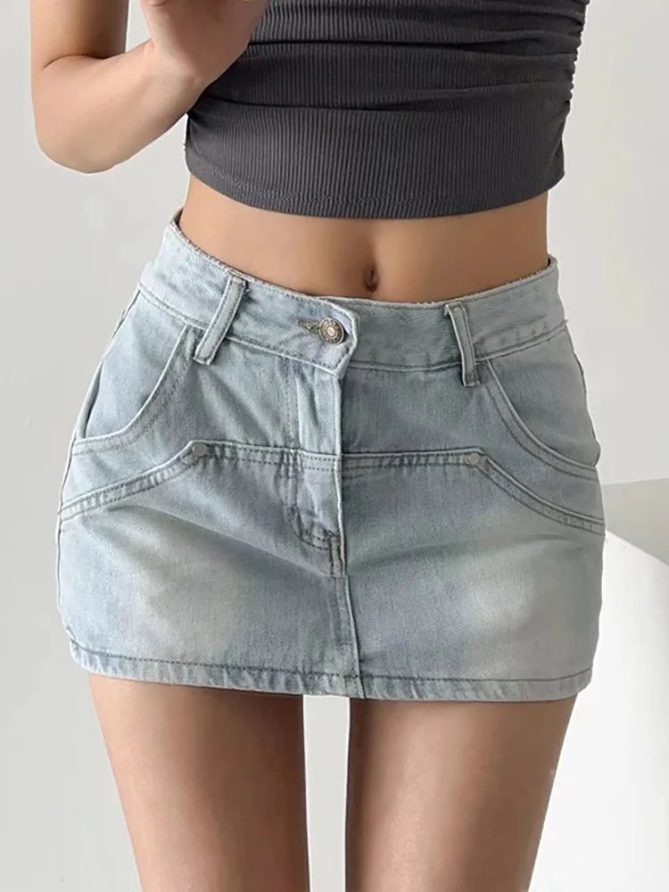 DEAT Mode Femmes Jupe A-ligne Épissé UltraShort Denim Poche Taille Haute Mince Couleur Unie Jupes Printemps 2024 Tendance Nouvelle 17A5641