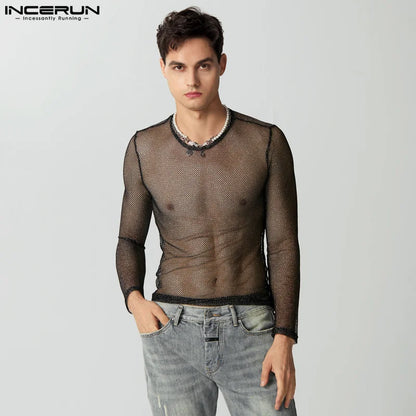 Hauts de style boîte de nuit de fête INCERUN Nouveaux hommes paillettes maille transparente Camiseta Sexy mâle tout-match à manches longues mince T-shirts S-5XL