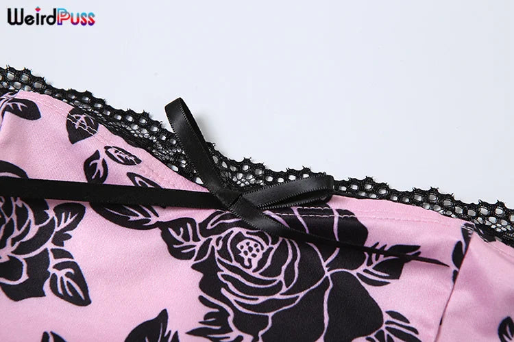 Conjunto elegante de 2 piezas con estampado de flores de gatito extraño para mujer, camisola con lazo de encaje y faldas a la cadera de color melocotón, conjuntos de ropa de calle a juego