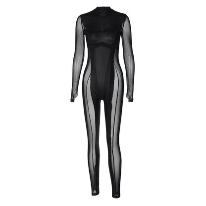 Hawthaw Femmes 2022 Automne Sexy À Manches Longues En Maille Transparente Club Bodycon Combinaison Noire Salopette Une Pièce Tenue Streetwear