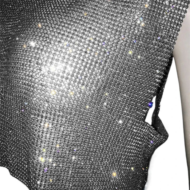 Camiseta sin mangas con cuello halter y lentejuelas de malla de diamantes brillantes para mujer, blusas de verano con espalda abierta de metal y diamantes de imitación, envío directo, blusas sin espalda para mujer