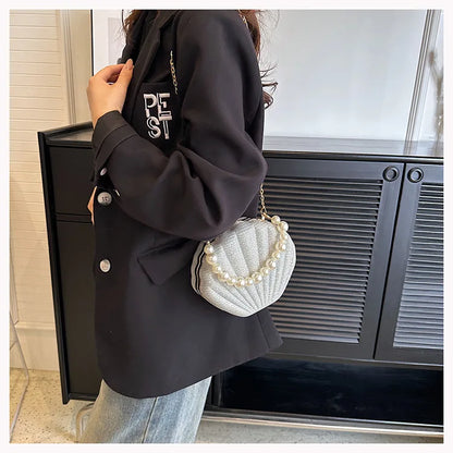 Bolso de hombro estilo marca, bolso de concha con cadena de perlas, bolso cruzado de lentejuelas de moda para mujer, bolso de noche