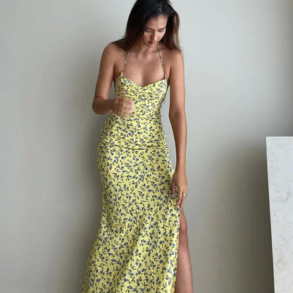 Dulzura - Vestido largo con cuello halter y encaje floral para mujer, vestido midi ajustado sin espalda, atuendo sexy para fiesta y club, ropa de calle, vestido de verano