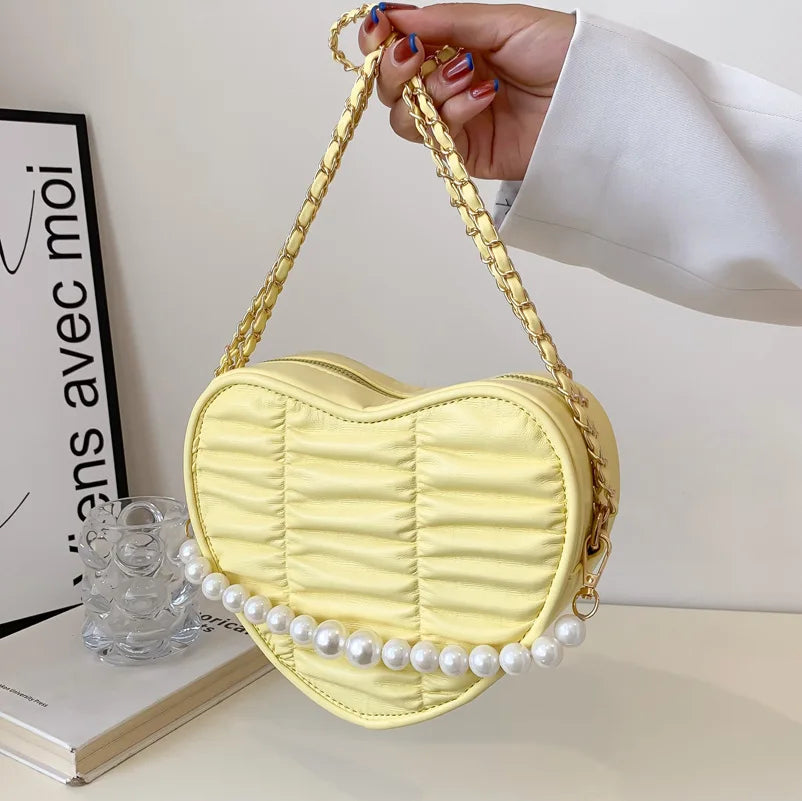 Leisure Female PU Leather Messenger Bags Retro Women Heart Shape Pure Shoulder Bags Small Pearl Chain Crossbody Shopping Bags