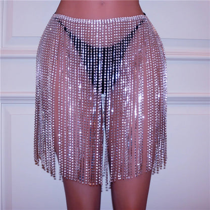 Glitter Rhinestone Long Tassel Mini Skirts Gold Silver Crystal Diamonds Loose Adjustable Sexy Women Summer Beach Short Skirt