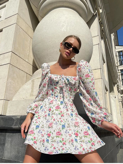 Clearance Sale !! Summer Lantern Sleeve Dress Long Sleeve Floral Print Dress Drawstring Elegant A Line Party Holiday Dress Women