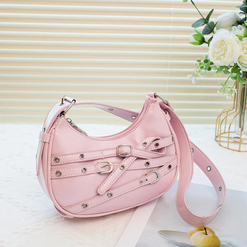 Fashion Belts Deco Halfmoon Women Shoulder Bags Punk Pink Color Handbags  Pu Leather Y2K Crossbody Bag Small Female Purses 2024