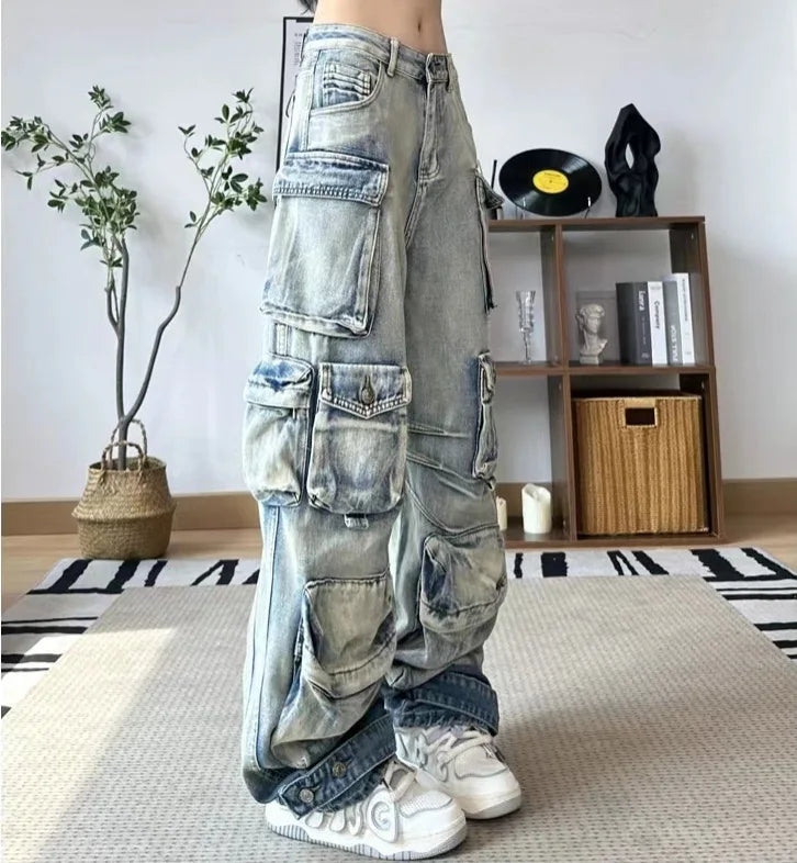 DEAT Fashion Women's Jeans High Waist Multiple Pockets Water Wash Gradient Streetwear Denim Cargo Pants Spring 2024 New 7AB3332