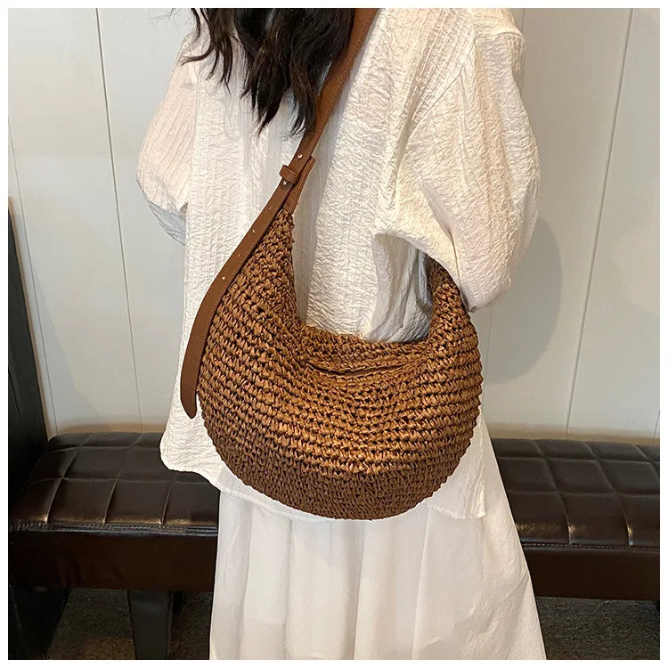 Casual Hobos Straw Women Shoulder Bags Handmade Weave Crossbody Bags Vintage Simple Summer Beach Bag Large Capacity Tote Purses