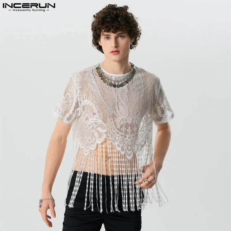 2024 Hommes T-shirt Dentelle Gland O-cou Manches Courtes Transparent Mode Hommes Vêtements Streetwear Fête Irrégulière Crop Tops INCERUN