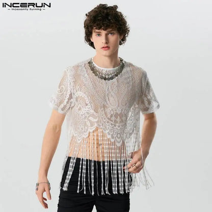 2024 Hommes T-shirt Dentelle Gland O-cou Manches Courtes Transparent Mode Hommes Vêtements Streetwear Fête Irrégulière Crop Tops INCERUN