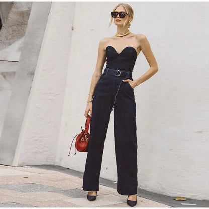 Suninheart Bra Jumpsuit Women Long Tooling Bra Rompers Summer Fashion Female Off Shoulder Backless Belt Design Bodysuit