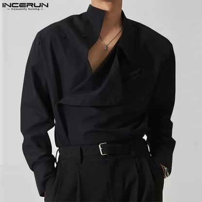 Camisa irregular para hombre 2023, color sólido, cuello alto, suelta, manga larga, ropa informal para hombre, ropa de calle, camisas de moda para hombre INCERUN