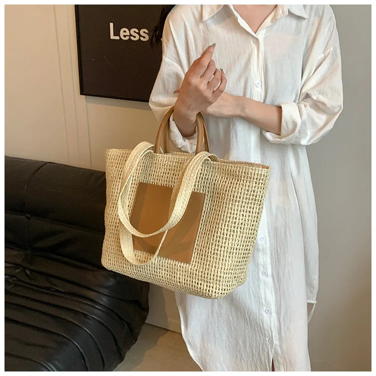 Casual Large Capacity Straw Tote Bag Hollow Paper Weave Women Shoulder Bags Handmade Summer Beach Handbag Big Bali Shopper Purse