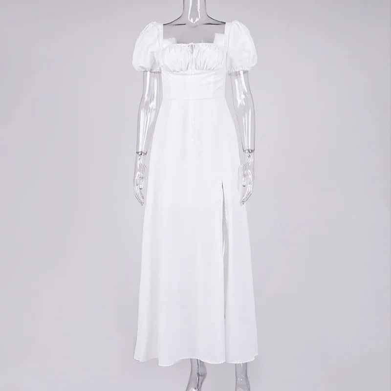 Suninheart Elegante Vestido Midi Blanco Con Hombros Descubiertos Sexy De Manga Corta Con Abertura Alta Vestido De Fiesta De Vacaciones De Verano Vestidos De Mujer 2023