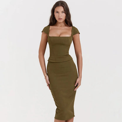 Suninheart Elegante vestido midi hasta la rodilla verde oliva de una pieza para mujer Vestido ajustado con escote cuadrado y mangas estilo capa Vestido de oficina para mujer