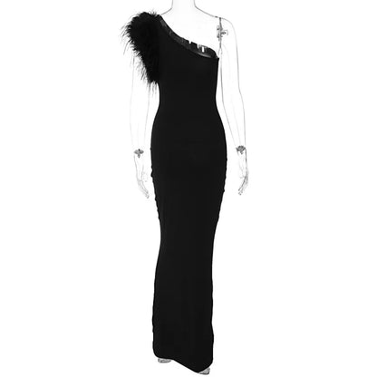 Dulzura Black Sleeveless One Shoulder Feather Maxi Dress For Women Bodycon Sexy Party Elegant Long Dress Birthday Evening Outfit