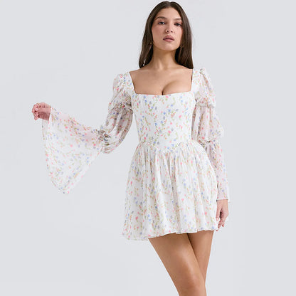 Suninheart Summer Casual Holiday Dress 2024 New Arrivals Square Neck Lantern Sleeve Birthday Party Dresses Mini Women's Clothing