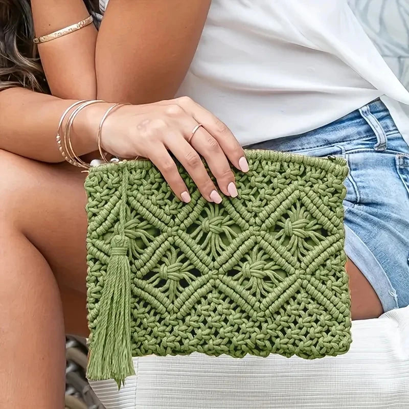 Bolso de mano tejido con cuerda de moda para mujer, bolso de mano informal con borlas huecas, bolsos de playa de verano hechos a mano 2024