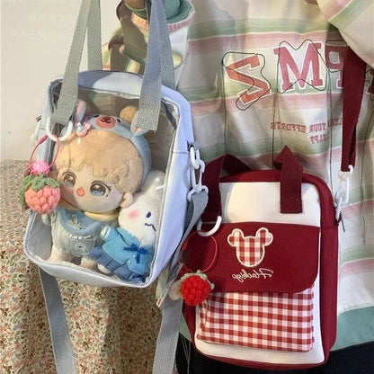 Sac Kawaii Style Japonais Dessin Animé Broderie Plaid Transparent Itabag Femmes Petits Sacs À Bandoulière Fille Itabag Pour Poupée 20cm JK