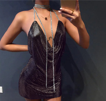 Travel Dress for Women Sexy Metal Beautiful Girl Birthday Party Dresses Nigh Club Take Photos Clothing Slit Halter Neck Vestidos