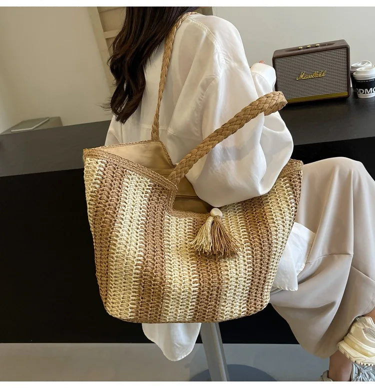 Bolso tejido de paja estilo vacaciones de verano, gran capacidad, versión coreana, tendencia occidental, bolso de hombro, bolso de mano de viaje de moda, diseñador