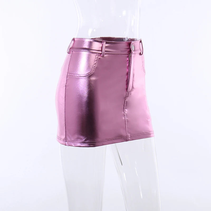 Y2k Pink Metallic Fashion Hot Girls Short Skirt Dummy pocket Slim Fit Bright High Waist Korean Fashion Halfskirt Women Clothing