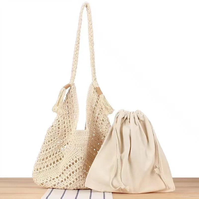 Casual Hollow Tassel Straw Tote Bag Bohemian Women Shoulder Bag Handmade Woven Summer Beach Bag Big Bali Purses 2024