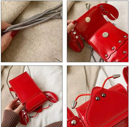 Funny Crayfish Shape Pu Shoulder Bag For Women Summer Red Phone Bag Girls' Chain Small Crossbody Bag