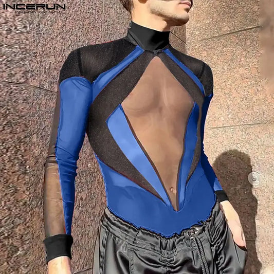 2024 Hommes Body Maille Patchwork Col Roulé À Manches Longues Mode Hommes Barboteuses Streetwear Brillant Sexy Transparent Bodys INCERUN