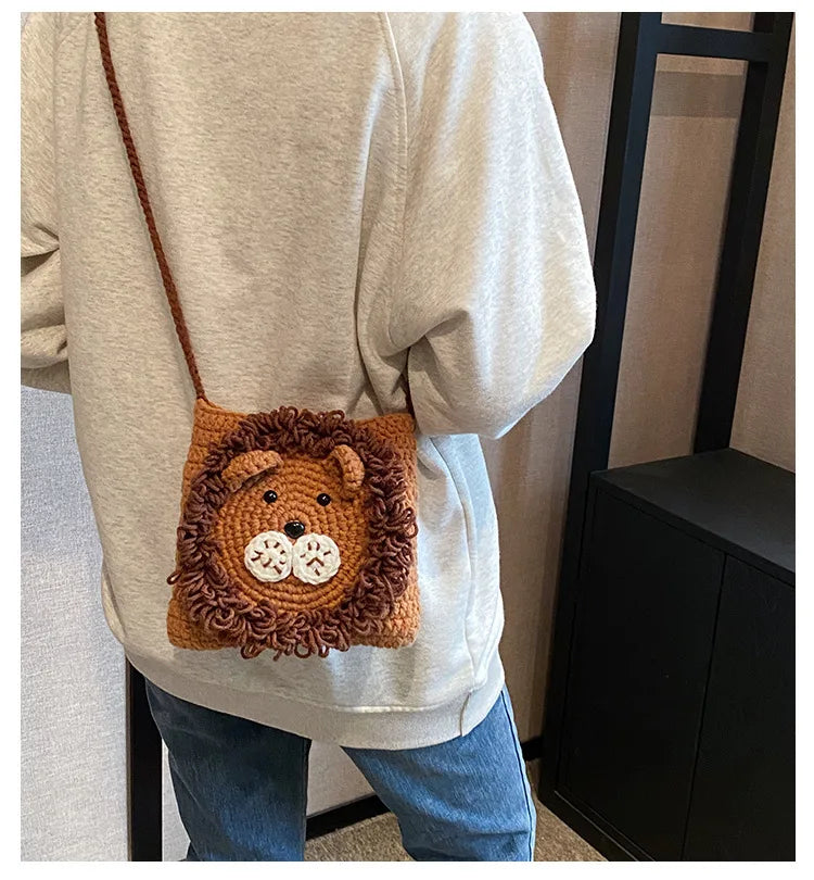 Cute Little Lion Bag For Girls Women's Funny Mobile Phone Coin Purse Winter Knitting Shoulder Crossbody Bag