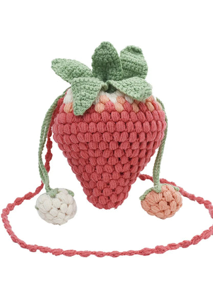 Lindo bolso pequeño de verano tejido con fresas, bolso bandolera pequeño tipo cubo para niñas