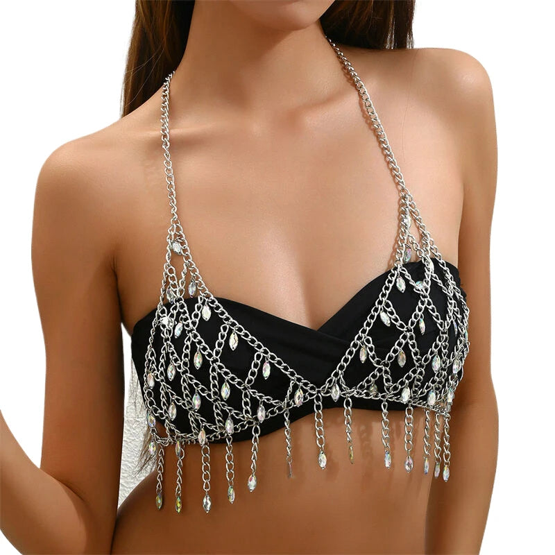 2024 Été Loisirs Dos Nu Vêtements Pour Femmes Y2K Crop Top Élégant Vêtements De Plage Chaîne De Corps Bijoux Style Punk Pierres Précieuses Réservoirs