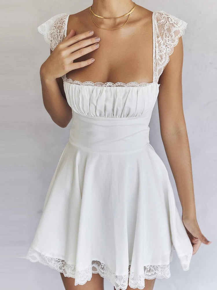 Robe blanche sexy en dentelle courte pour femme, tenue de soirée, de club, de vacances, décontractée, mini, douce, à lacets dans le dos, pour anniversaire, 2022