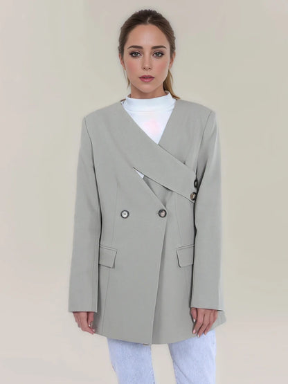 DEAT Fashion Blazer pour femme, col en V, déconstruction, bouton latéral, taille, manches longues, veste de costume grise, printemps 2024, nouvelle tendance CPDB002