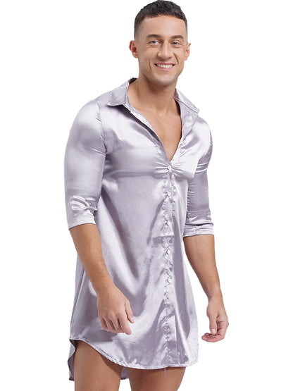 Chemise en satin de soie pour homme Sissy, couleur unie, longue robe portefeuille, peignoir, kimono, chemise de nuit, pyjama, vêtements de nuit, vêtements de détente