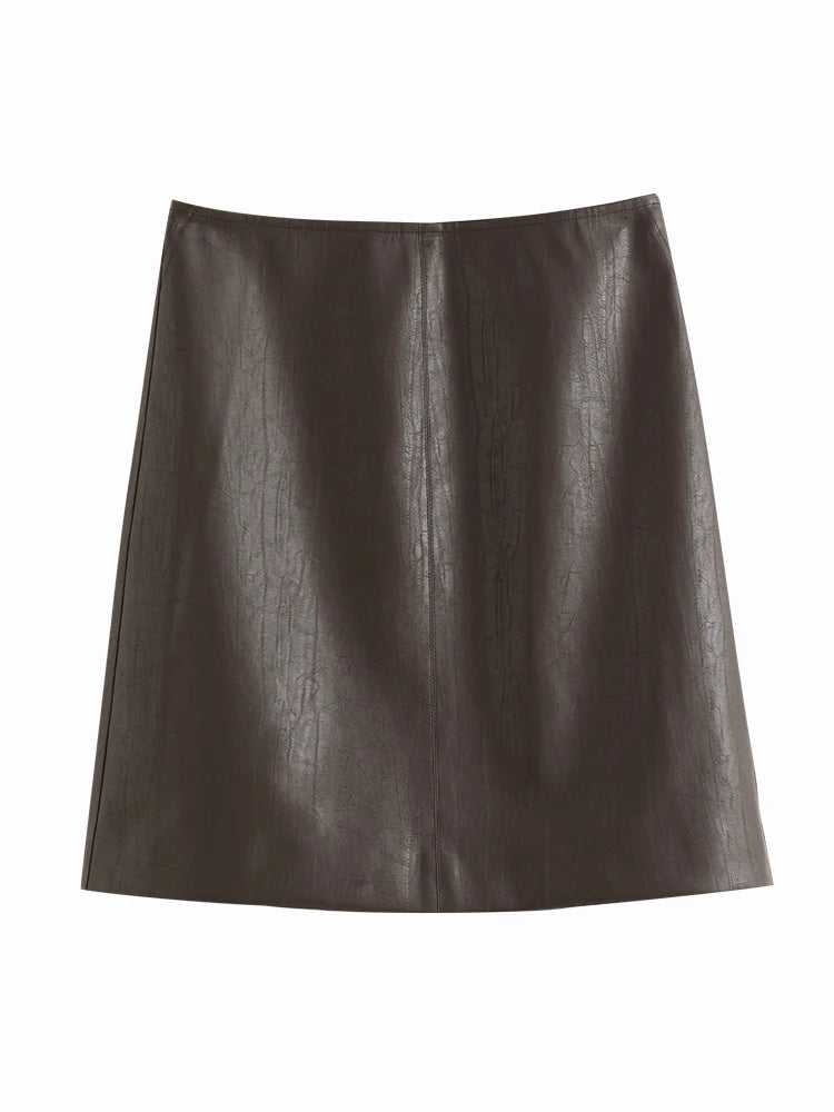 FSLE Women's Brown Leather Skirt Winter New Office Lady Mini Skirts A-line Skirt All-match Fashionable High Waist