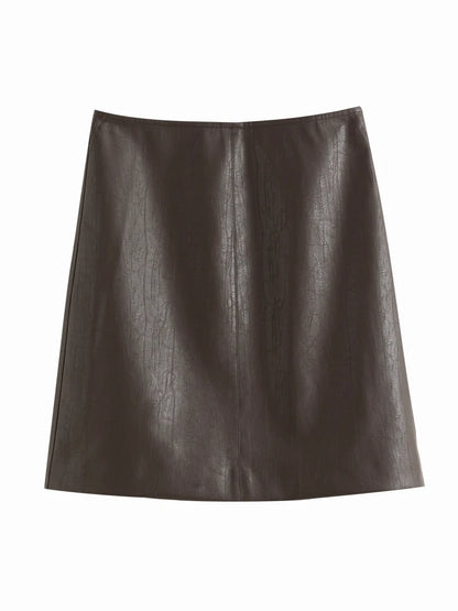 FSLE Women's Brown Leather Skirt Winter New Office Lady Mini Skirts A-line Skirt All-match Fashionable High Waist