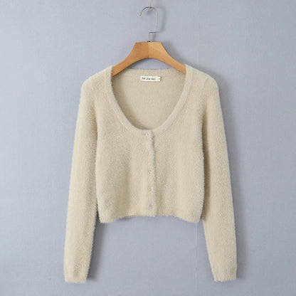 Suninheart Autumn Sexy Mohair Cardigan Women Fashion Vintage Knit Cropped Sweaters Casual Long Sleeve Button Up Crochet Top