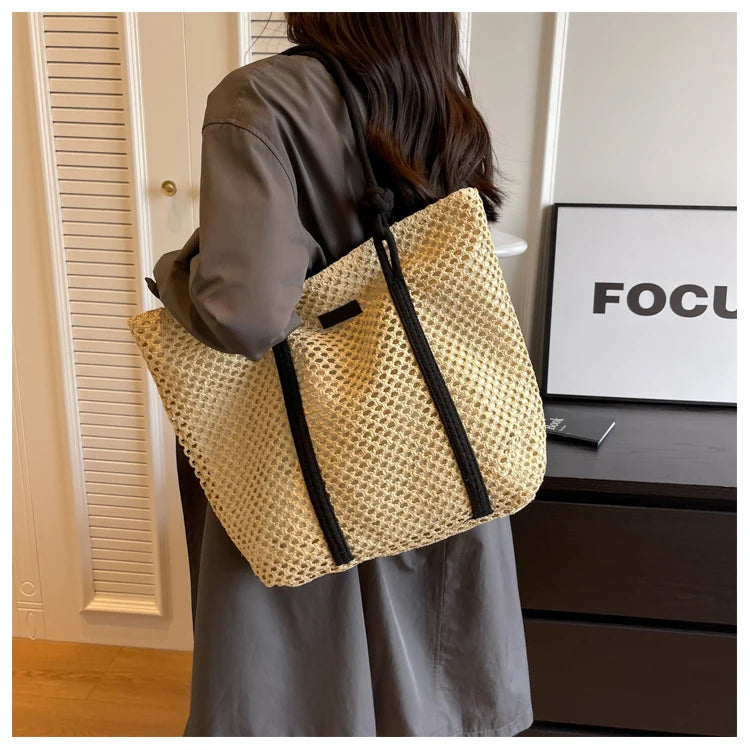 Casual Hollow Out Large Capacity Straw Tote Bag Weave Women Shoulder Bags Handmade Summer Beach Handbags Big Shopper Purses 2024