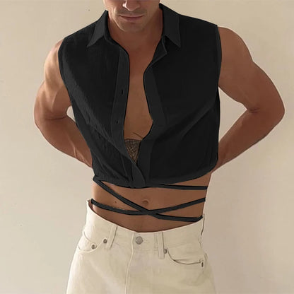 2023 Hommes Chemise Revers Sans Manches Solide Boutonné À Lacets Dos Nu Crop Tops Hommes Streetwear Sexy Mode Camisas S-5XL INCERUN