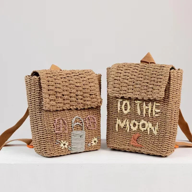 Cute House Shape Straw Backpacks for Little Girls Funny Handmade Woven Back Pack Lovely Summer Beach Bag for Children 2023 Bags