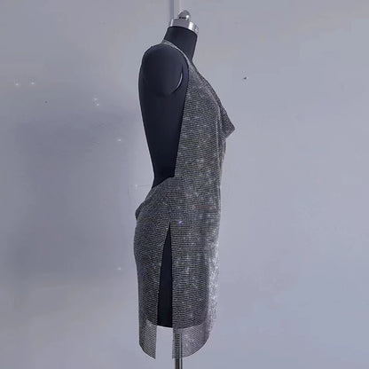 Vestido de mujer hecho a mano de metal con cristales y espalda descubierta, cadena para el cuerpo, accesorios de diamantes de imitación, vestidos de fiesta de cumpleaños número 21, minivestidos