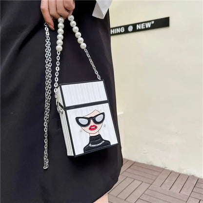 Petit sac à bandoulière pour femme, sac en forme de étui à cigarettes amusant, sac à lunettes tendance pour fille, sac à chaîne avec poignée en chaîne de perles, sac à boîte