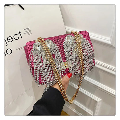 Evening Small Square Bags for Women 2023 Fashion Diamond Tassel Handbag Leather Chain Luxury Party Sparkle Shoulder Bag Woman